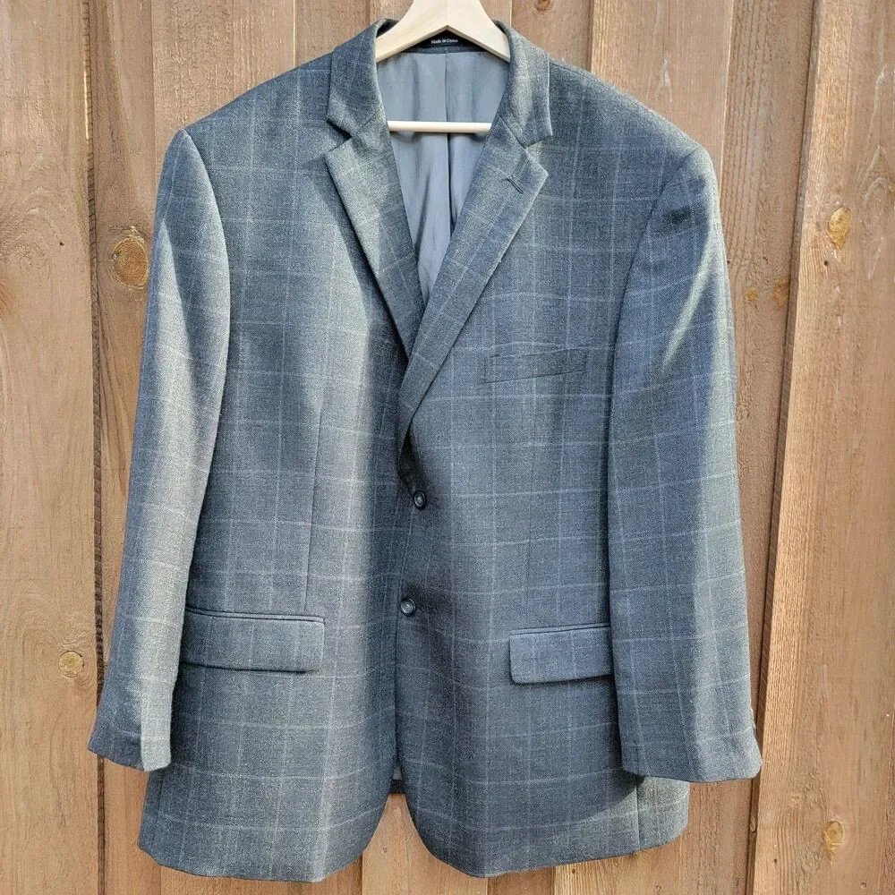 Pronto Uomo Platinum Mens 52R Charcoal Grey Windowpane 100% Wool 2-Vent Blazer